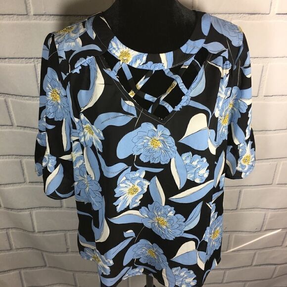 As U Wish Tops - As U Wish Black Blue Floral Top Ruffle Blouse SZ L